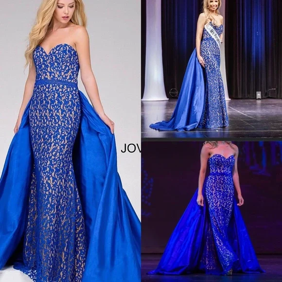 Show Stopping Jovani Royal Blue Lace Silk overskirt pageant Gown Long Prom Dress - Picture 5 of 6